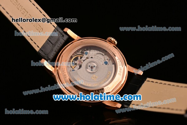 Patek Philippe Grand Complitcations Asia 2813 Automatic Rose Gold Case with Black Leather Strap Black Dial and Stick Markers - Click Image to Close